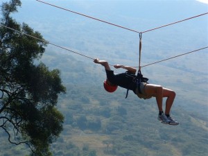 It's quite hard working moving accross on a Tyrolean traverse!