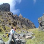 Hiking to the start of Ntonjelaan needle, near the Mitre, Drakensberg.