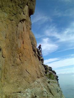 The famous traverse on Angus Leppan, pitch 4
