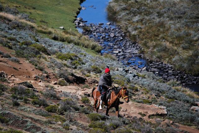 Basutho on a horse in the Drakensberg