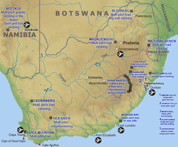 Climbing Map South Africa, showing the main rock climbing crags