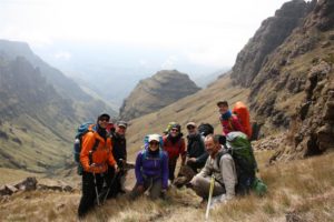 Mini Traverse guided hiking group in Mlambonja Pass, Drakensberg